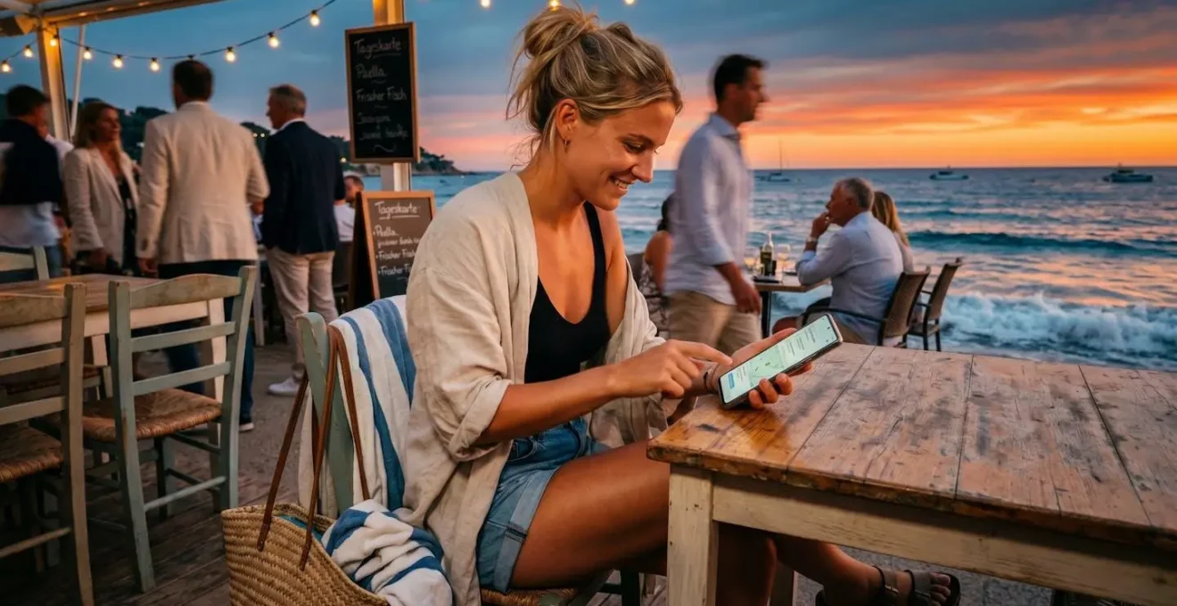 Junger Reisender beim Übergang von Strand- zu Abendaktivitäten in einem Küstencafé